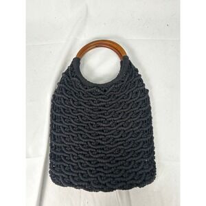 Sigrid Olsen Black Macrame Tote Bag Wooden Round Handle Boho Woven Handbag